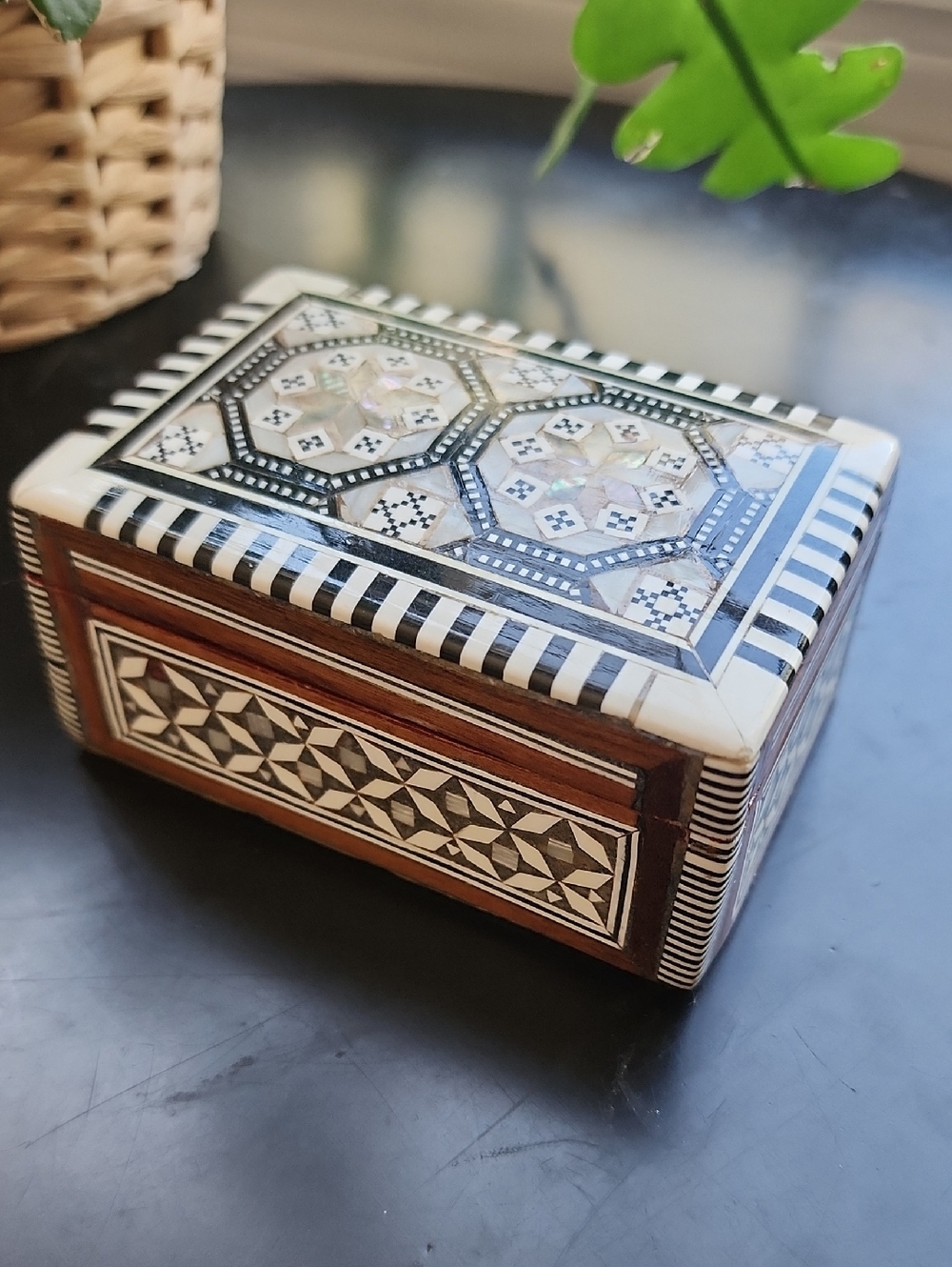 Inlaid Decorative Trinket Box with Geometric Mother-of-Pearl Detail Velvet Lined